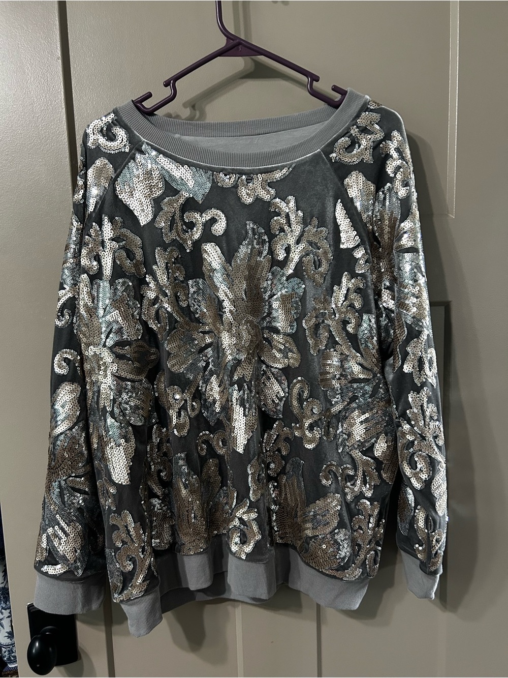 Soft Surroundings Gray velvet Silver Rose gold floral Sequin Pullover sweatshirt